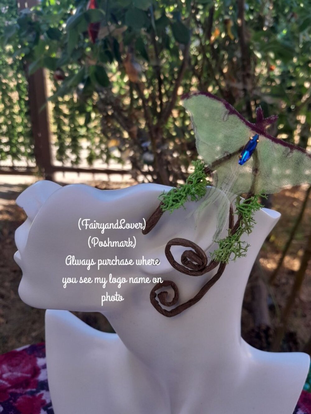 Fairy realistic luna moth butterfly silk organza moss ear cuff earrings gifts